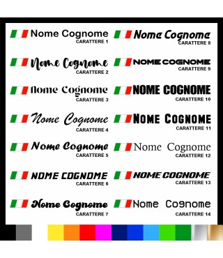 5 pezzi Adesivo Nome Personalizzato + Bandiera italiana Inclinata AUTO MOTO BICI CASCO GO KART